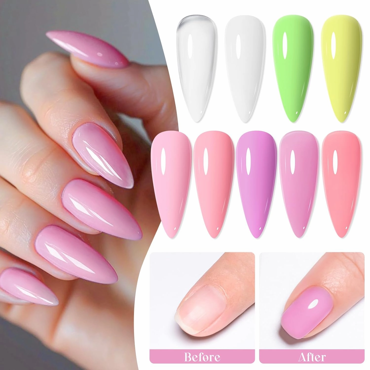 MEET ACROSS 12 Pcs Base Color Gel Nail Polish, 9 Colors Macaron Gel Polish Pink Nail Polish Clear Nail Polish Purple Sheer French Tip Base Colors Soak Off Nail Art Manicure DIY at Home Gift for Women