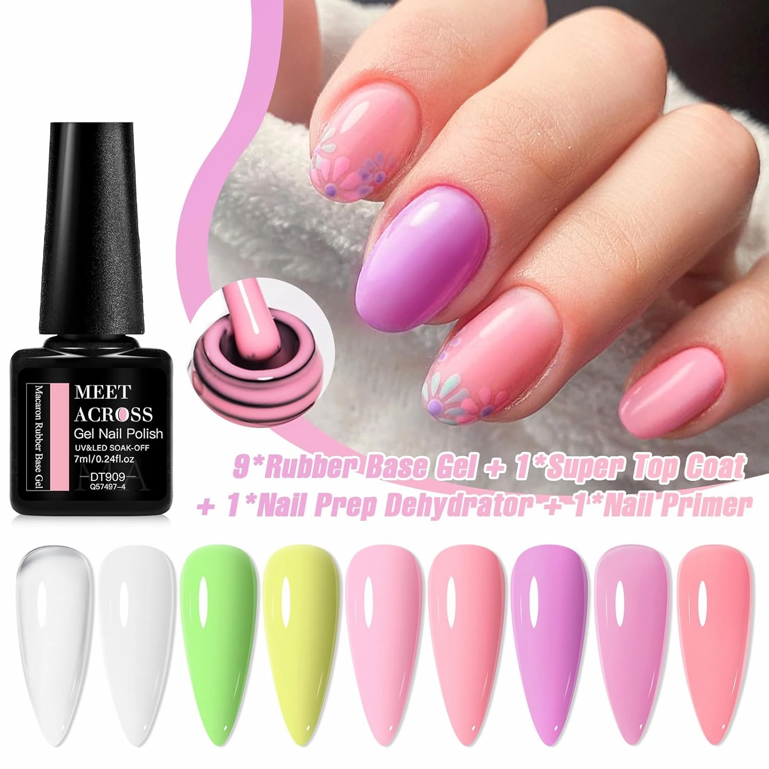 MEET ACROSS 12 Pcs Base Color Gel Nail Polish, 9 Colors Macaron Gel Polish Pink Nail Polish Clear Nail Polish Purple Sheer French Tip Base Colors Soak Off Nail Art Manicure DIY at Home Gift for Women