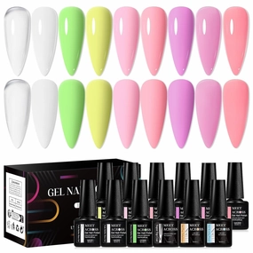 MEET ACROSS 12 Pcs Base Color Gel Nail Polish, 9 Colors Macaron Gel Polish Pink Nail Polish Clear Nail Polish Purple Sheer French Tip Base Colors Soak Off Nail Art Manicure DIY at Home Gift for Women