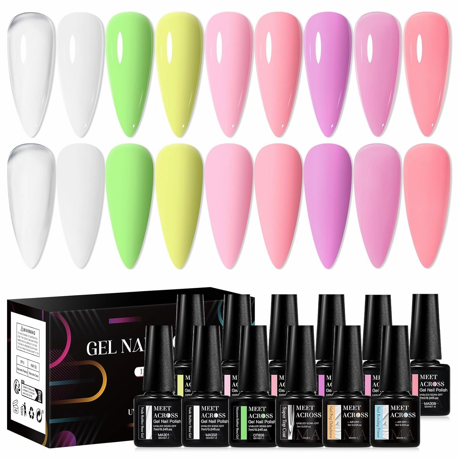 MEET ACROSS 12 Pcs Base Color Gel Nail Polish, 9 Colors Macaron Gel Polish Pink Nail Polish Clear Nail Polish Purple Sheer French Tip Base Colors Soak Off Nail Art Manicure DIY at Home Gift for Women