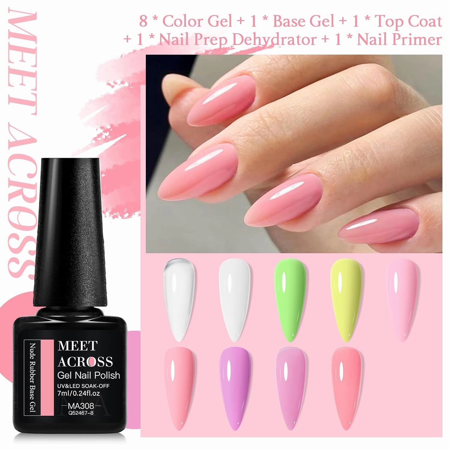 MEET ACROSS 12 Pcs Base Color Gel Nail Polish, 9 Colors Macaron Gel Polish Pink Nail Polish Clear Nail Polish Purple Sheer French Tip Base Colors Soak Off Nail Art Manicure DIY at Home Gift for Women