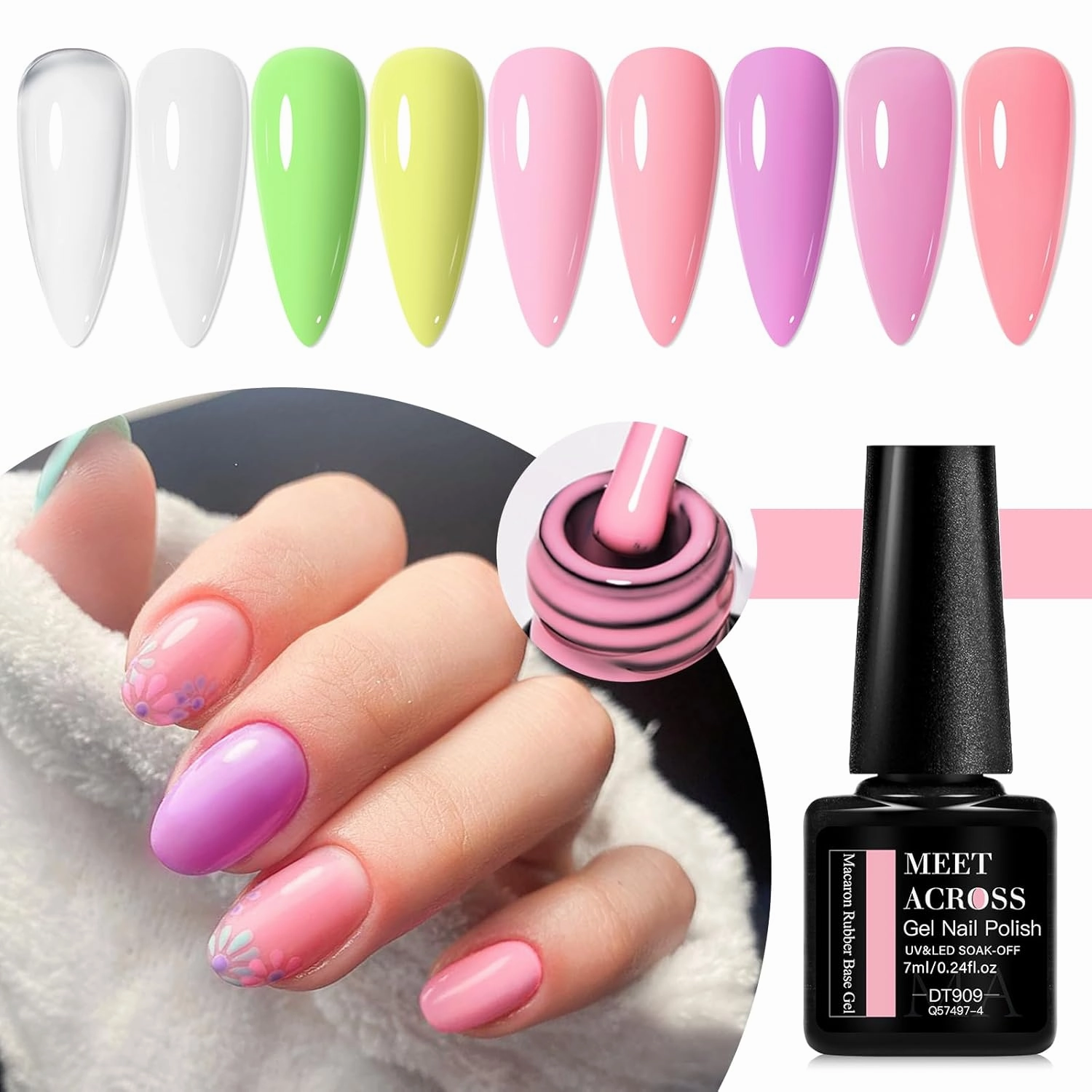 MEET ACROSS 12 Pcs Base Color Gel Nail Polish, 9 Colors Macaron Gel Polish Pink Nail Polish Clear Nail Polish Purple Sheer French Tip Base Colors Soak Off Nail Art Manicure DIY at Home Gift for Women