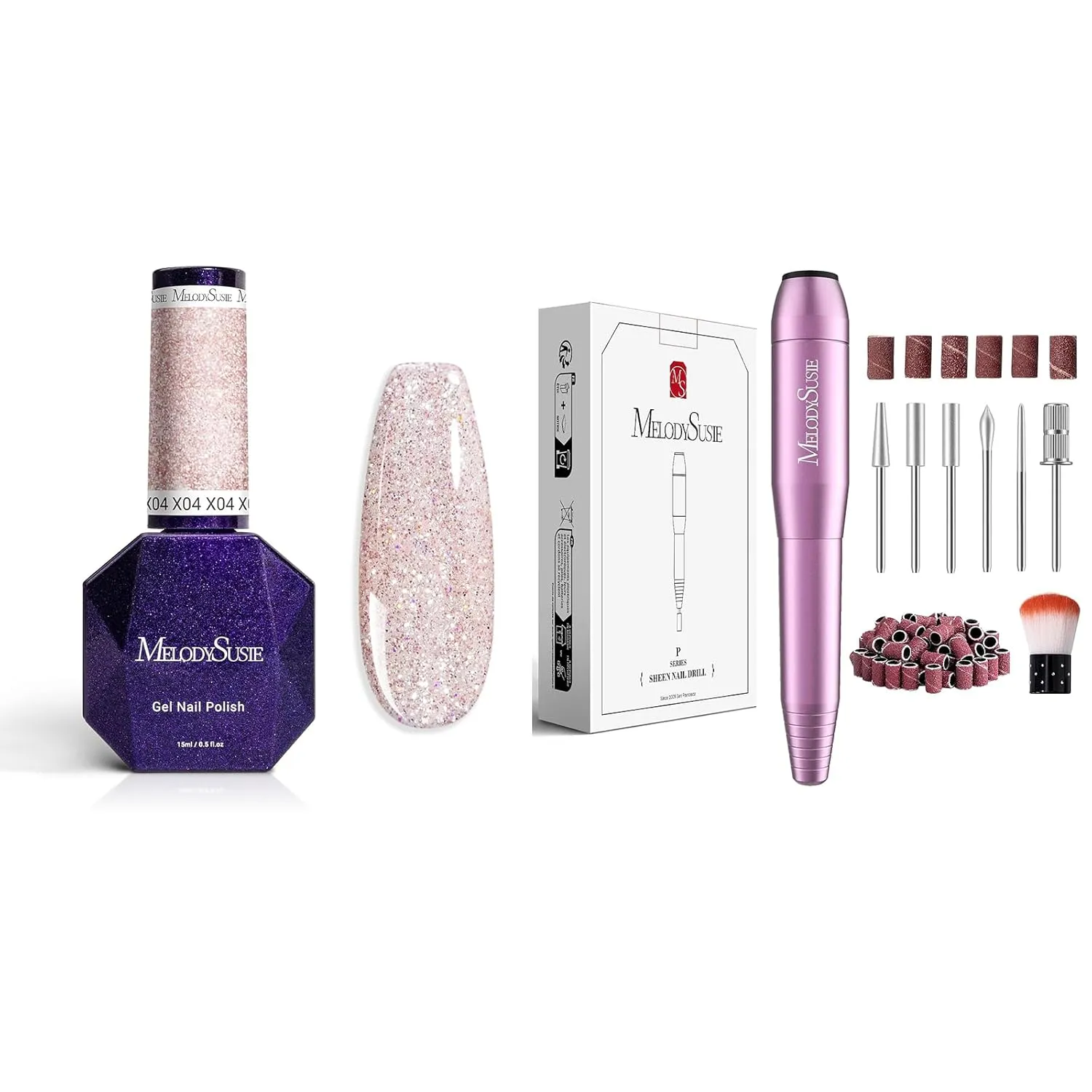 MelodySusie Electric Nail Drill Machine with Galaliver Glitter Gel Nail Polish Bright Pink