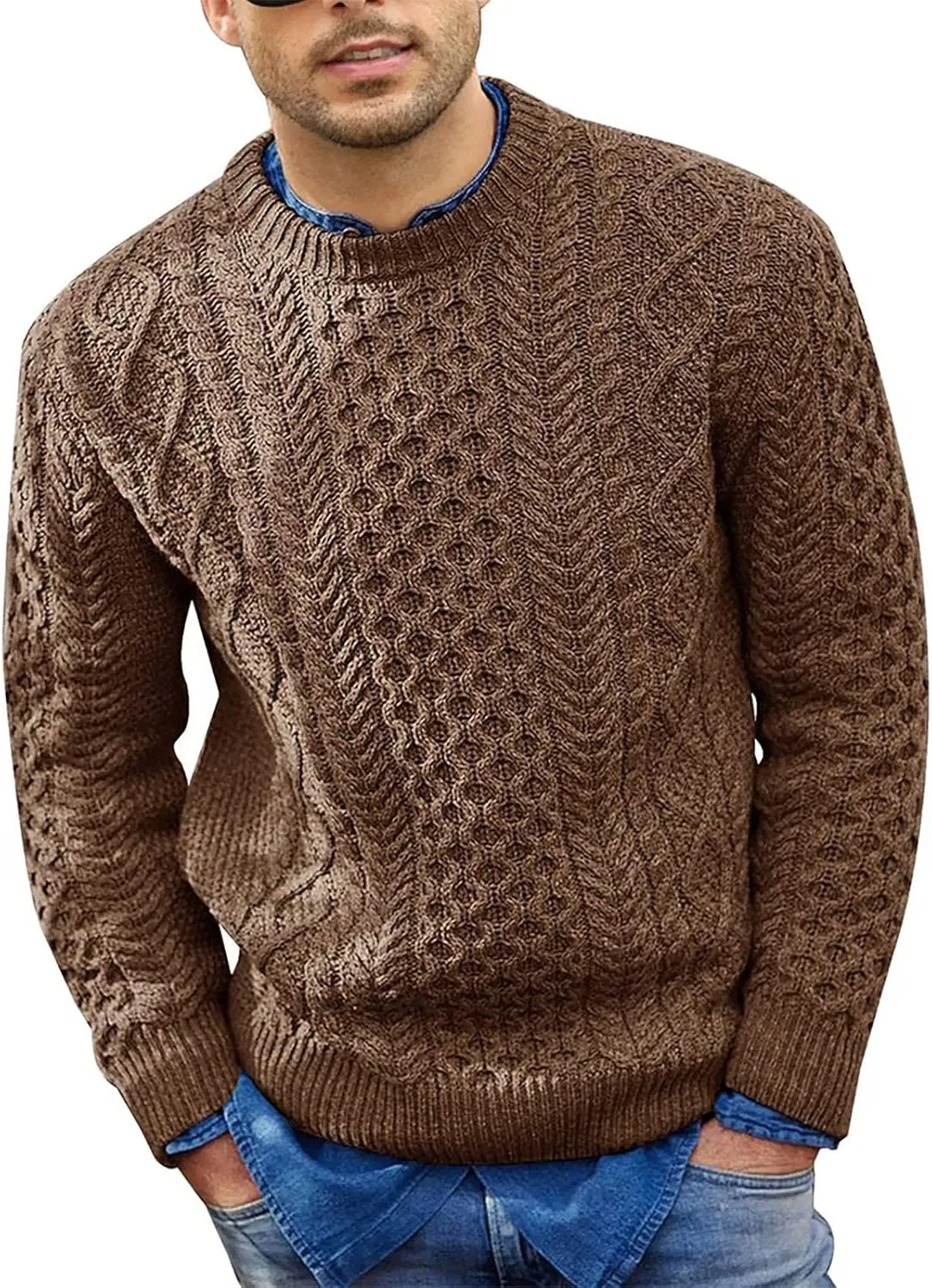 Mens Crewneck Pullover Sweater Soft Casual Waffle Textured Long Sleeve Knitted Sweaters with Ribbing Edge