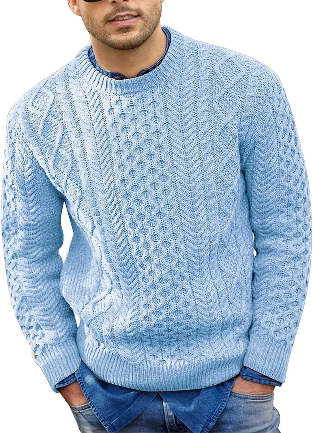 Mens Crewneck Pullover Sweater Soft Casual Waffle Textured Long Sleeve Knitted Sweaters with Ribbing Edge