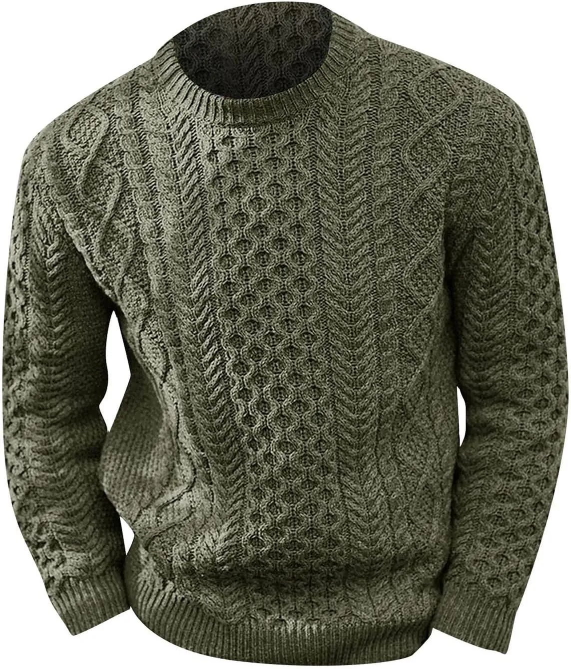 Mens Crewneck Pullover Sweater Soft Casual Waffle Textured Long Sleeve Knitted Sweaters with Ribbing Edge