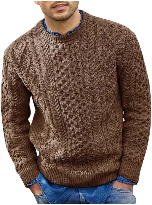 Mens Crewneck Pullover Sweater Soft Casual Waffle Textured Long Sleeve Knitted Sweaters with Ribbing Edge