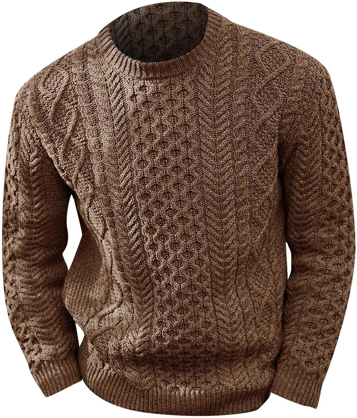 Mens Crewneck Pullover Sweater Soft Casual Waffle Textured Long Sleeve Knitted Sweaters with Ribbing Edge