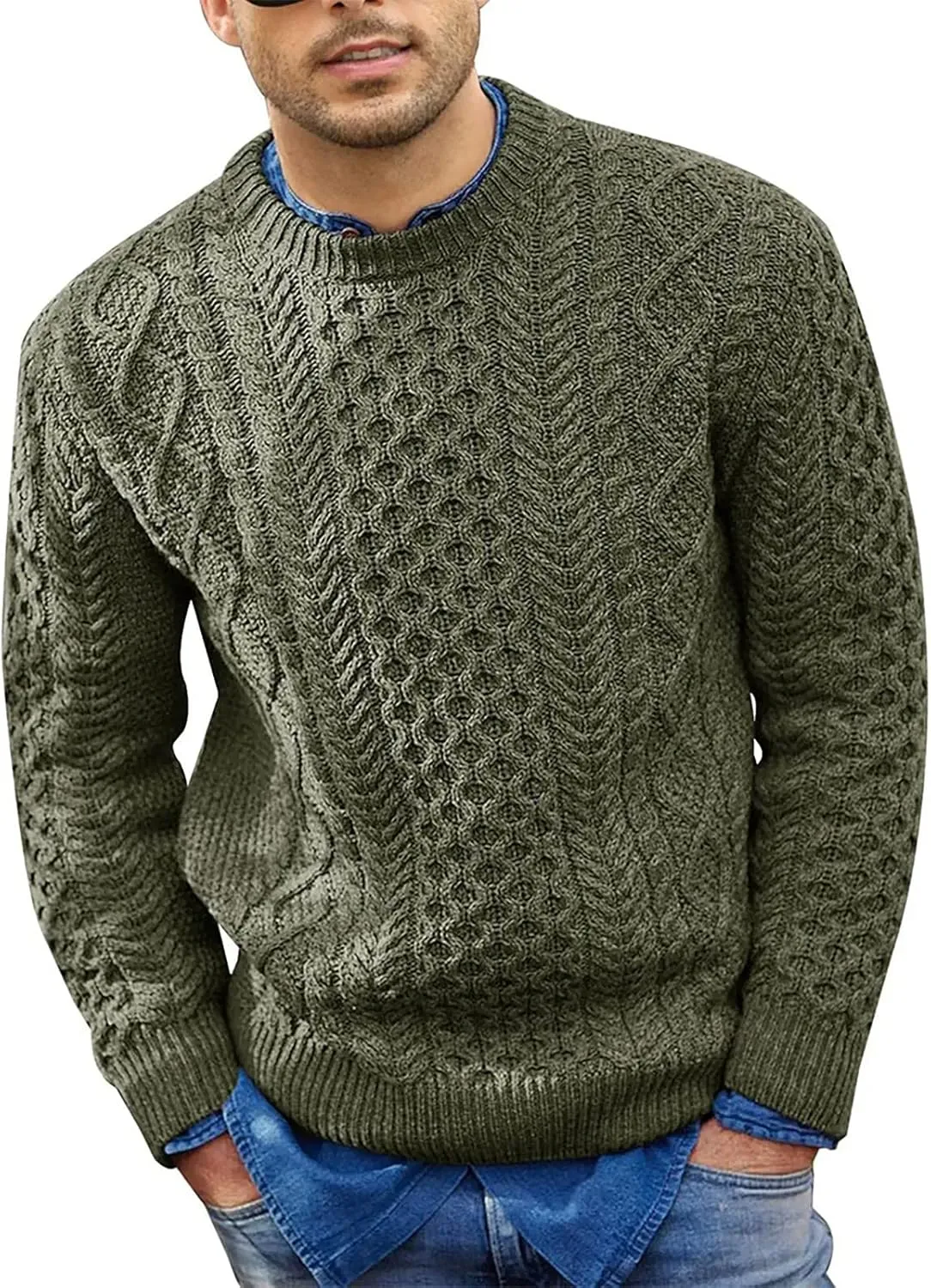 Mens Crewneck Pullover Sweater Soft Casual Waffle Textured Long Sleeve Knitted Sweaters with Ribbing Edge