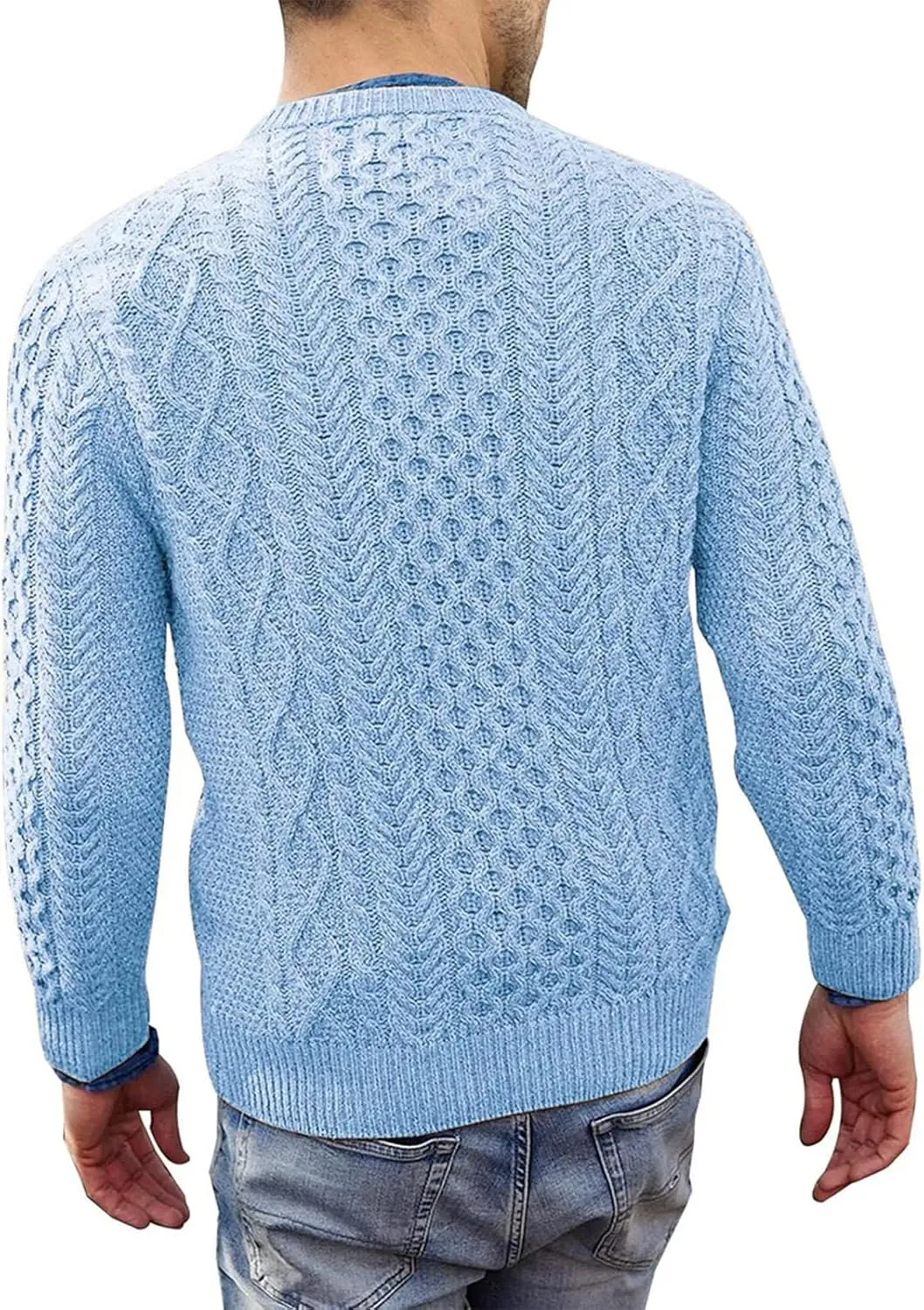 Mens Crewneck Pullover Sweater Soft Casual Waffle Textured Long Sleeve Knitted Sweaters with Ribbing Edge