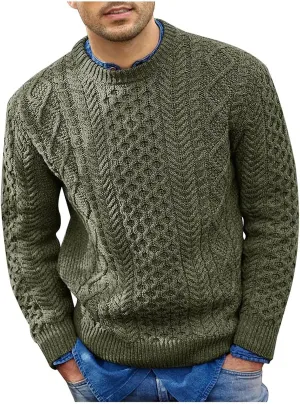 Mens Crewneck Pullover Sweater Soft Casual Waffle Textured Long Sleeve Knitted Sweaters with Ribbing Edge