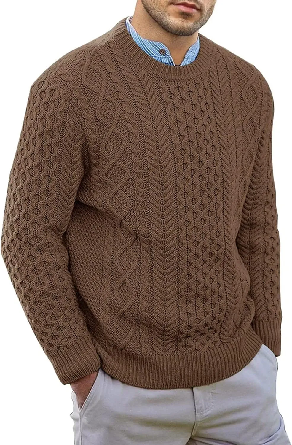 Mens Crewneck Pullover Sweater Soft Casual Waffle Textured Long Sleeve Knitted Sweaters with Ribbing Edge