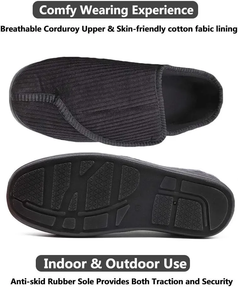 Mens Diabetic Slippers Extra Wide Memory Foam Comfort House Shoes with Adjustable Closure for Swollen Feet, Edema, Arthritis, Elderly Indoor/Outdoor
