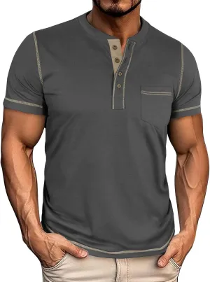 Men's Henley Shirt Soft Cotton Short Sleeve Stretchy Muscle Fit T Shirts Classic Band Collar Button Down Tee Tops