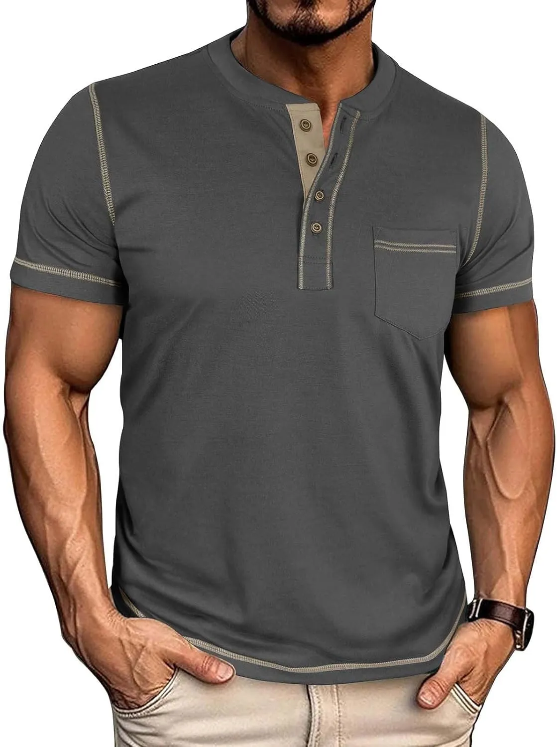 Men's Henley Shirt Soft Cotton Short Sleeve Stretchy Muscle Fit T Shirts Classic Band Collar Button Down Tee Tops