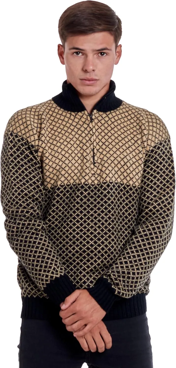 Men’s Soft Half-Zip Modern Beige and Black Alpaca Pullover Sweater