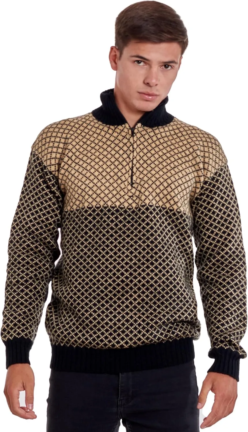 Men’s Soft Half-Zip Modern Beige and Black Alpaca Pullover Sweater