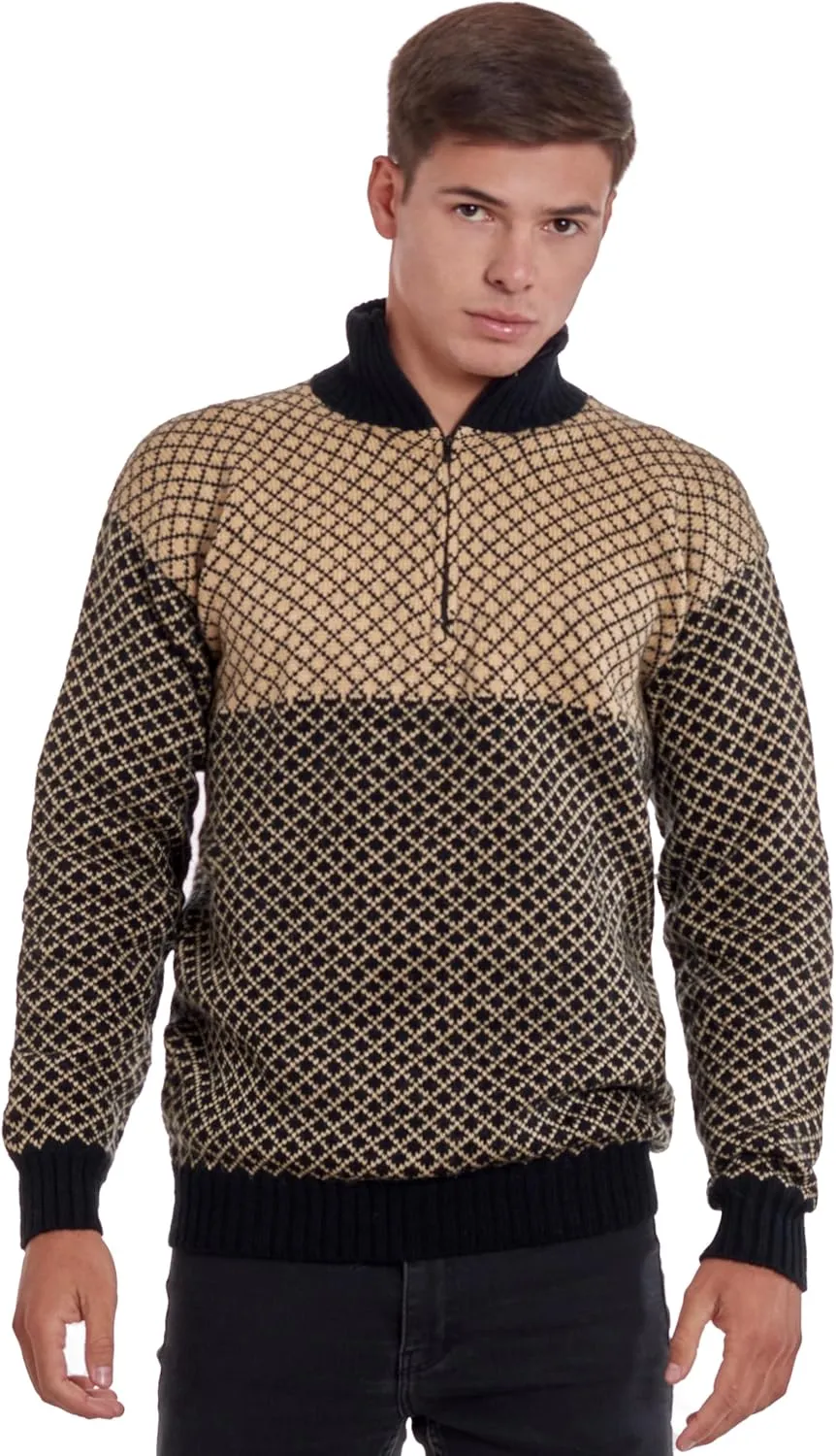 Men’s Soft Half-Zip Modern Beige and Black Alpaca Pullover Sweater