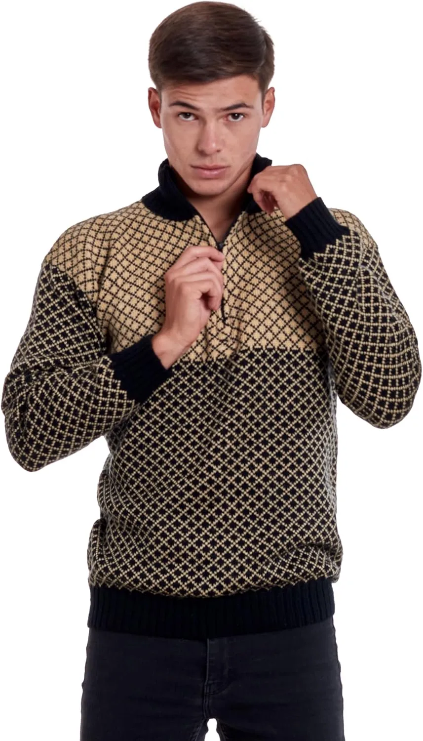 Men’s Soft Half-Zip Modern Beige and Black Alpaca Pullover Sweater