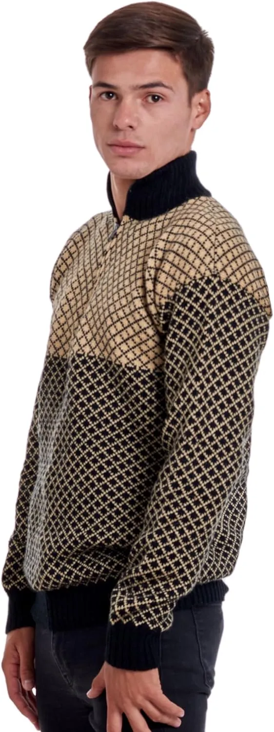 Men’s Soft Half-Zip Modern Beige and Black Alpaca Pullover Sweater