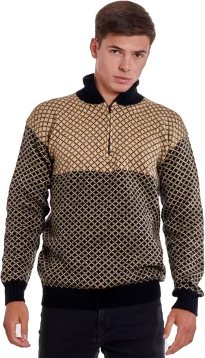 Men’s Soft Half-Zip Modern Beige and Black Alpaca Pullover Sweater
