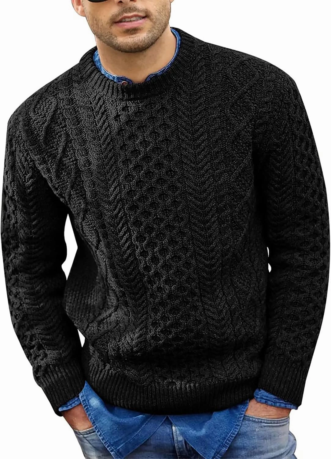 Mens Crewneck Pullover Sweater Soft Casual Waffle Textured Long Sleeve Knitted Sweaters with Ribbing Edge