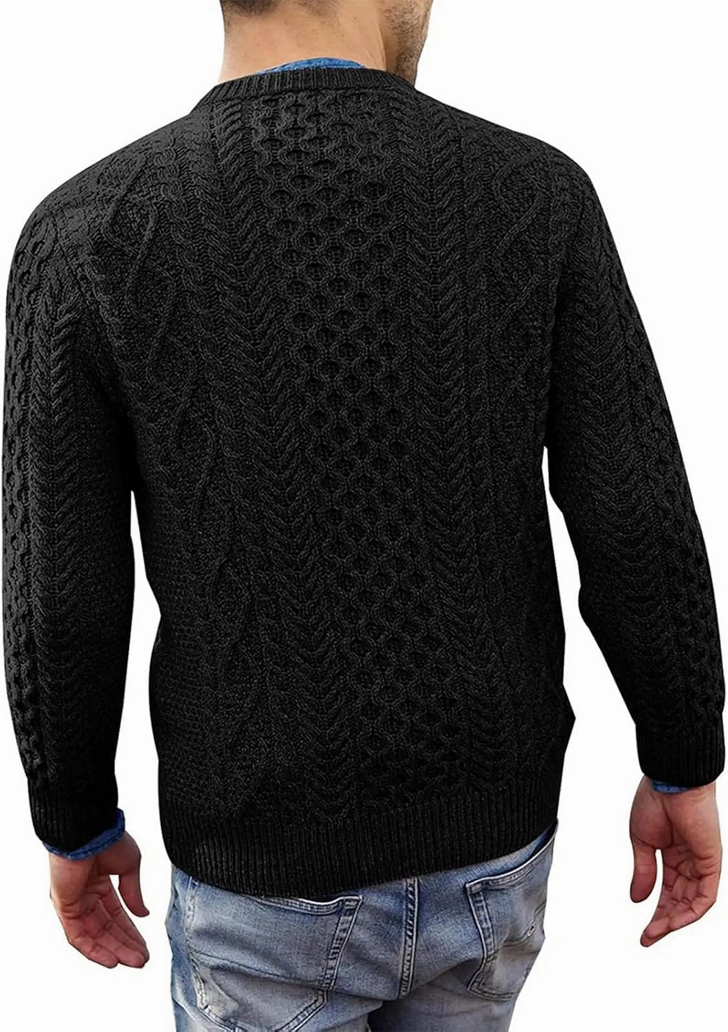 Mens Crewneck Pullover Sweater Soft Casual Waffle Textured Long Sleeve Knitted Sweaters with Ribbing Edge