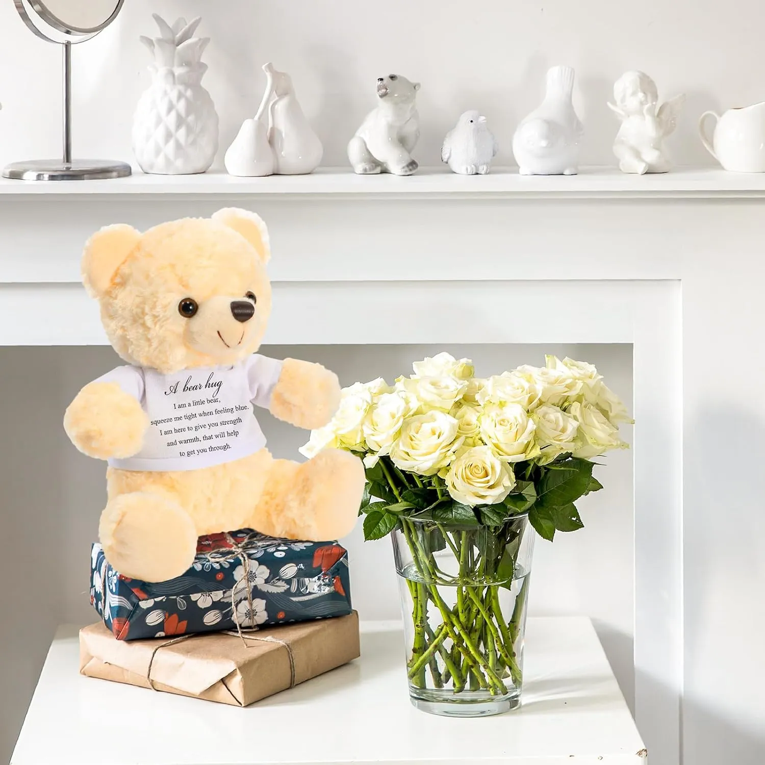 Meooeck Bear Plush Stuffed Animal Sympathy Gift with a Bear Hug Sign Clothing Hug Gift for Kids Condolences Memorial Comfort Loss of Loved One(Beige, White)
