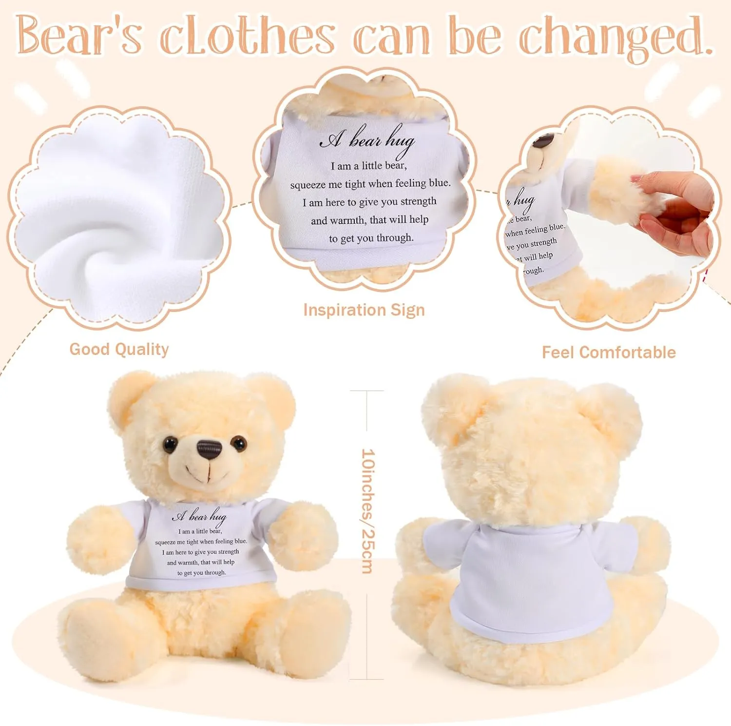 Meooeck Bear Plush Stuffed Animal Sympathy Gift with a Bear Hug Sign Clothing Hug Gift for Kids Condolences Memorial Comfort Loss of Loved One(Beige, White)