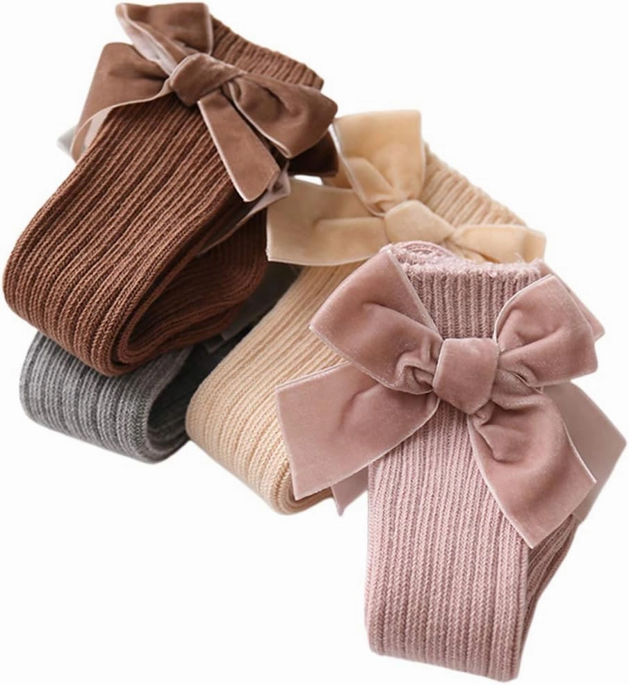 Merqwadd 4-Pack Baby Girls Knee High Socks Infants Toddlers Bow Knit Socks Cotton Tube Ruffled Stockings