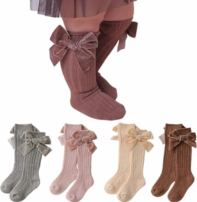 Merqwadd 4-Pack Baby Girls Knee High Socks Infants Toddlers Bow Knit Socks Cotton Tube Ruffled Stockings