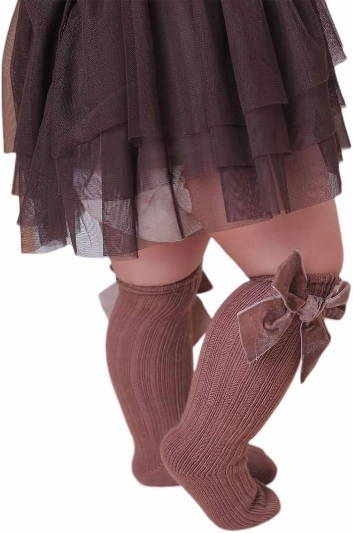 Merqwadd 4-Pack Baby Girls Knee High Socks Infants Toddlers Bow Knit Socks Cotton Tube Ruffled Stockings