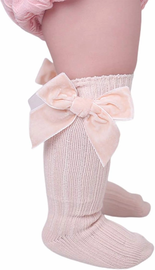 Merqwadd 4-Pack Baby Girls Knee High Socks Infants Toddlers Bow Knit Socks Cotton Tube Ruffled Stockings