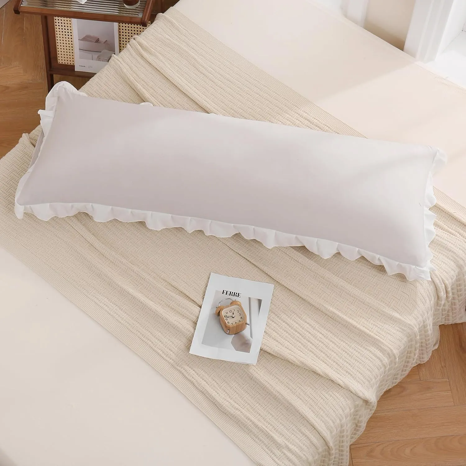 Merryword Beige Body Pillow Cover 20x54inches Beige and White Reversible Long Pillowcase Ruffled Body Pillowcases Cute Pillowcase Pillow Sham (1 Body, Beige White)