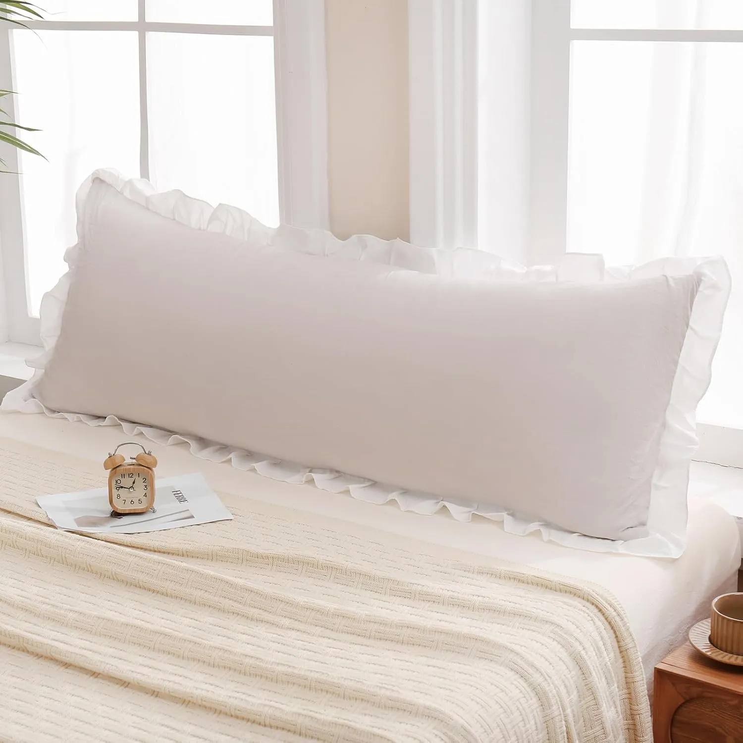 Merryword Beige Body Pillow Cover 20x54inches Beige and White Reversible Long Pillowcase Ruffled Body Pillowcases Cute Pillowcase Pillow Sham (1 Body, Beige White)