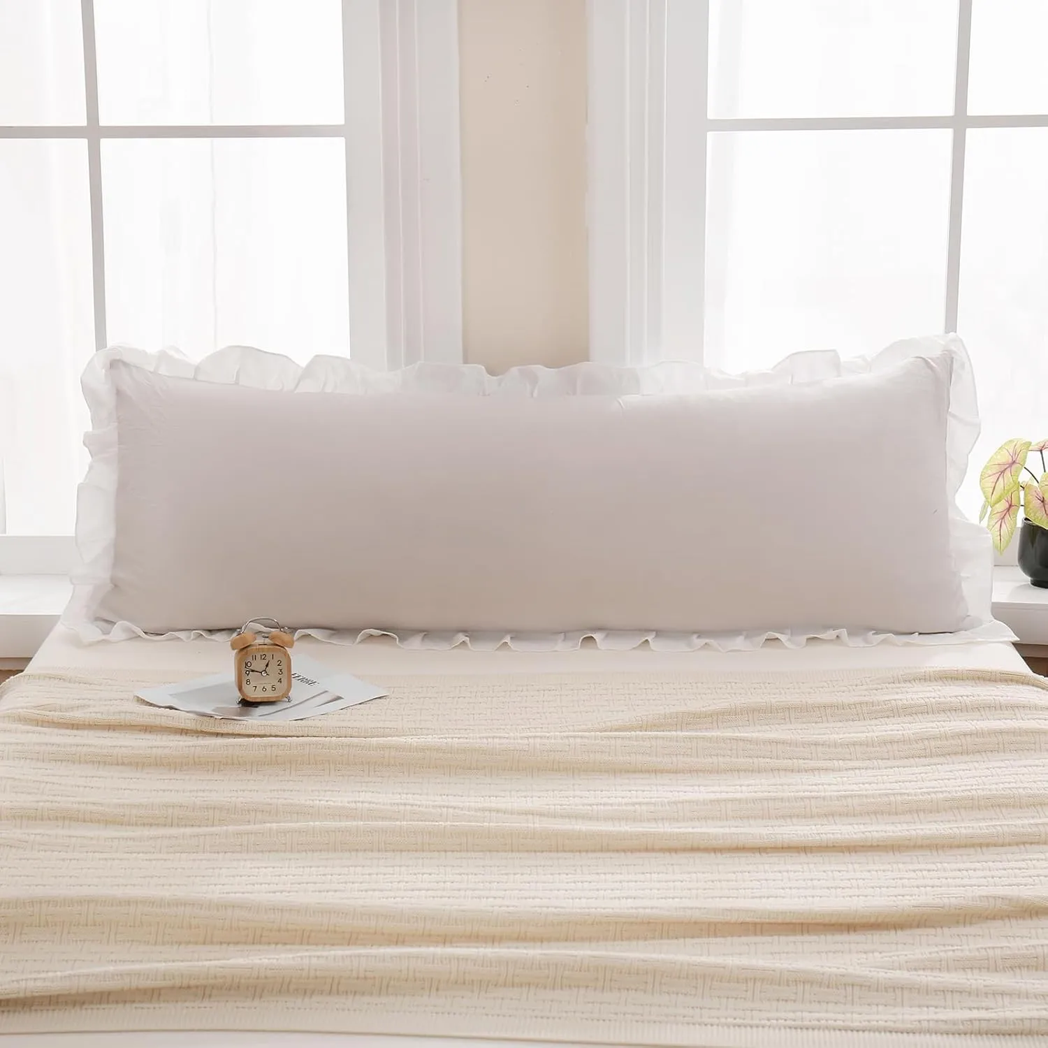 Merryword Beige Body Pillow Cover 20x54inches Beige and White Reversible Long Pillowcase Ruffled Body Pillowcases Cute Pillowcase Pillow Sham (1 Body, Beige White)