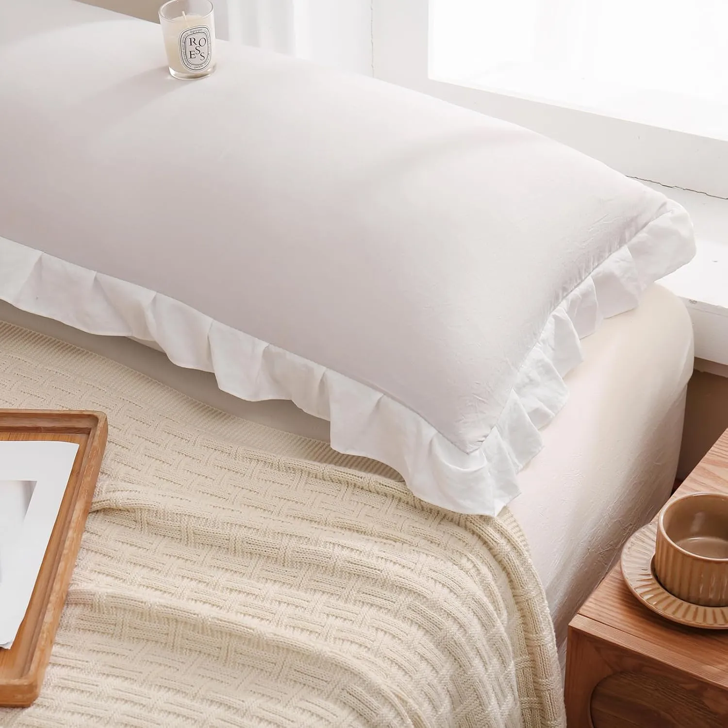 Merryword Beige Body Pillow Cover 20x54inches Beige and White Reversible Long Pillowcase Ruffled Body Pillowcases Cute Pillowcase Pillow Sham (1 Body, Beige White)