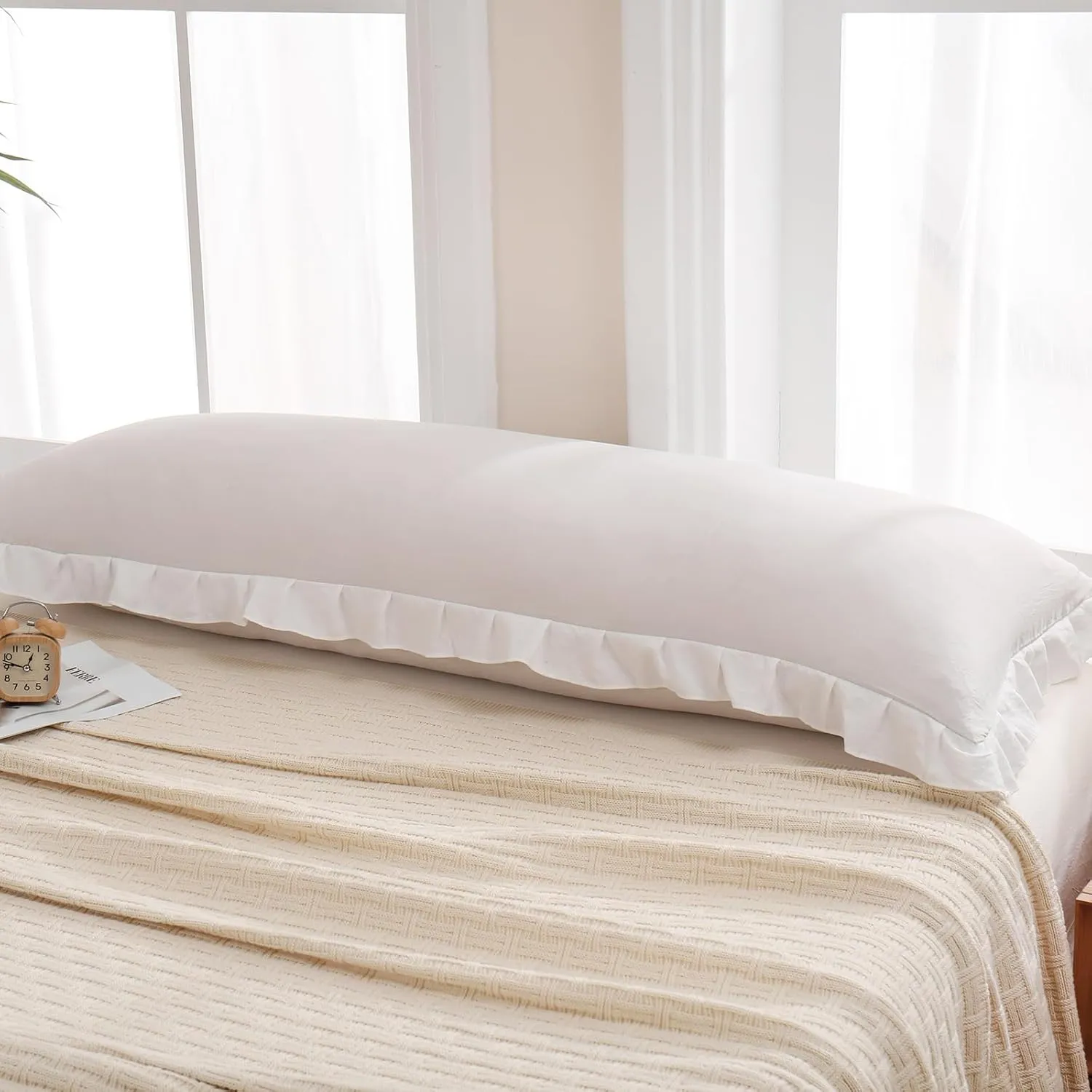 Merryword Beige Body Pillow Cover 20x54inches Beige and White Reversible Long Pillowcase Ruffled Body Pillowcases Cute Pillowcase Pillow Sham (1 Body, Beige White)