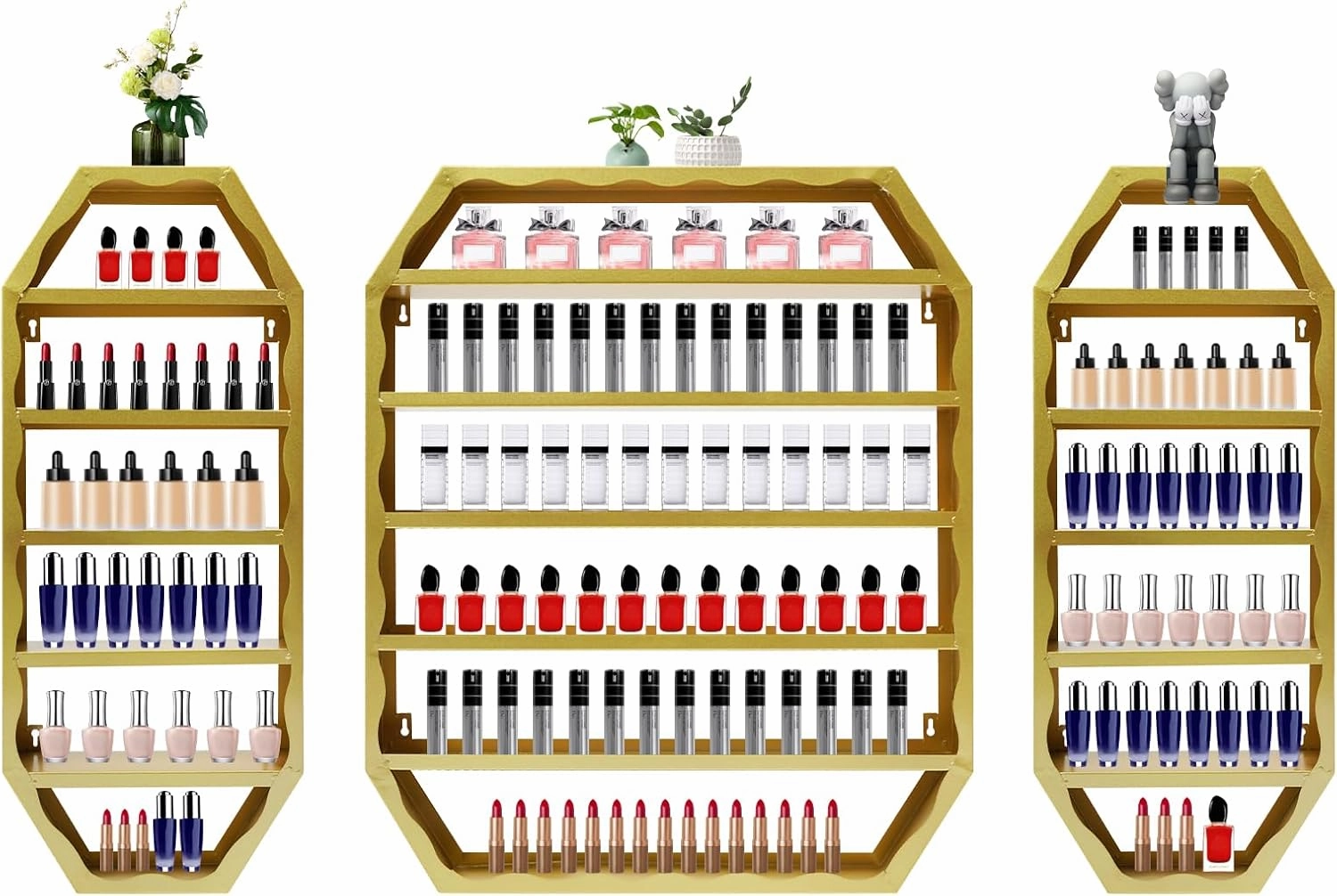 Metal Nail Polish Storage Rack, Wall Mounted Cosmetic Display Case, Lipstick Shelf, Essential Oil Organizer for Bottles, Spa Nail Salon (Gold)