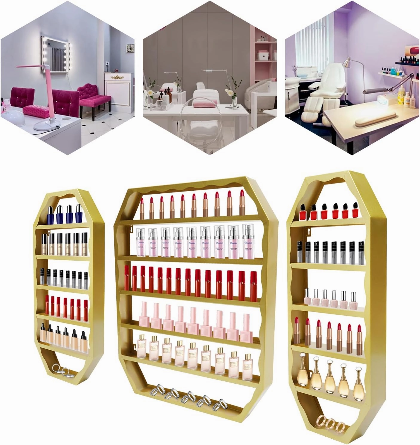 Metal Nail Polish Storage Rack, Wall Mounted Cosmetic Display Case, Lipstick Shelf, Essential Oil Organizer for Bottles, Spa Nail Salon (Gold)
