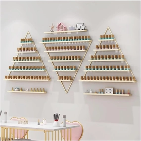 Metal Wall Mounted Nail Polish Rack, 6 Sets Triangular Cosmetic Display Racks, Essential Oil Bottles Shelf Organizer, Gold Storage Lipstick Perfume Holder for Spa Nail Salon Shop Home