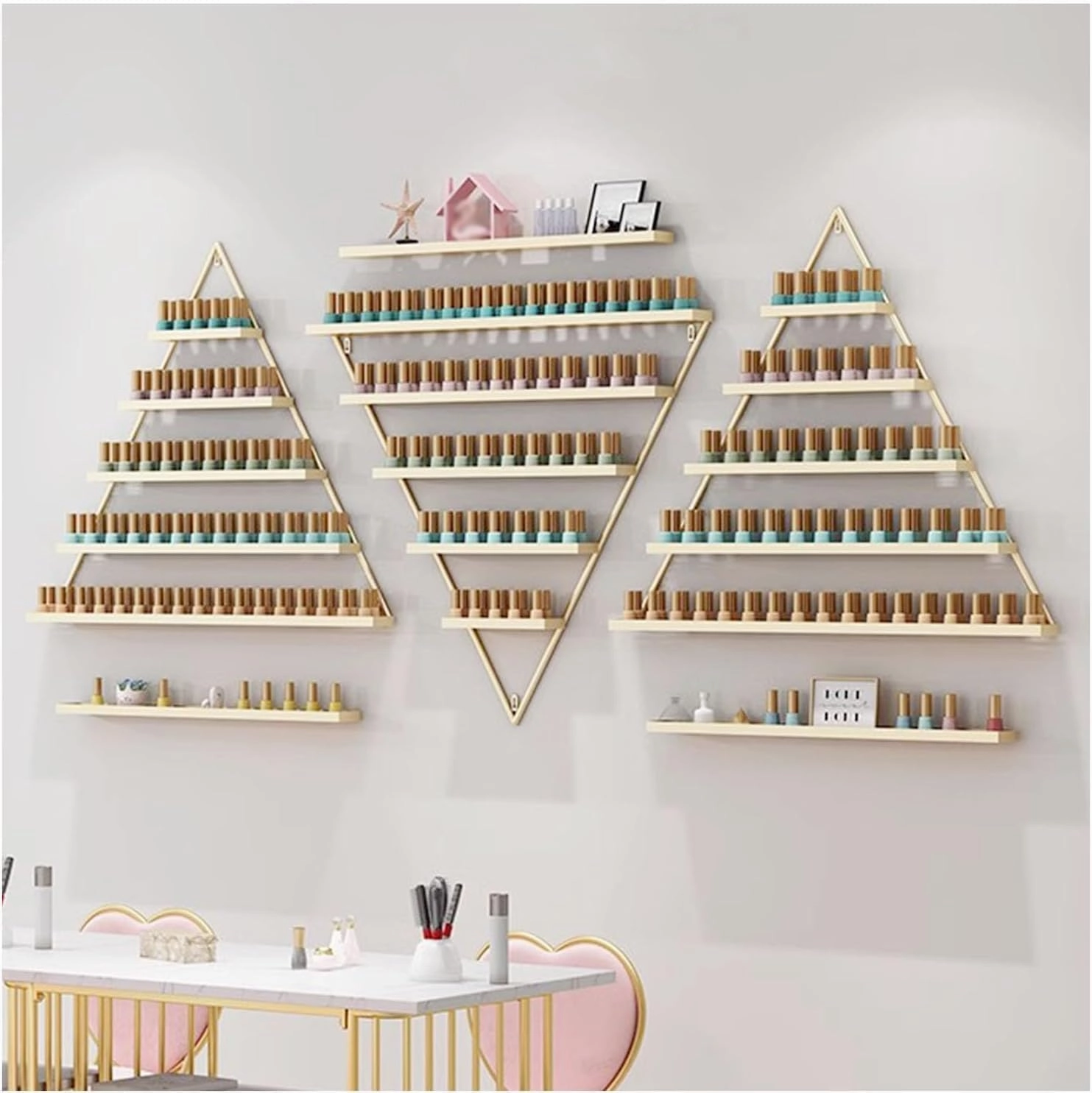 Metal Wall Mounted Nail Polish Rack, 6 Sets Triangular Cosmetic Display Racks, Essential Oil Bottles Shelf Organizer, Gold Storage Lipstick Perfume Holder for Spa Nail Salon Shop Home