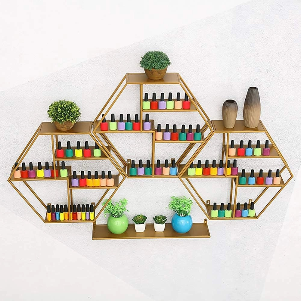 Metal Wall-Mounted Nail Polish Storage Racks Wall-Mounted Nail Polish Storage Rack, Metal Nail Polish Display Rack, Large-Capacity Storage Shelf for Nail Polish/Lipstick/Essential Oil/Perfume (Gold