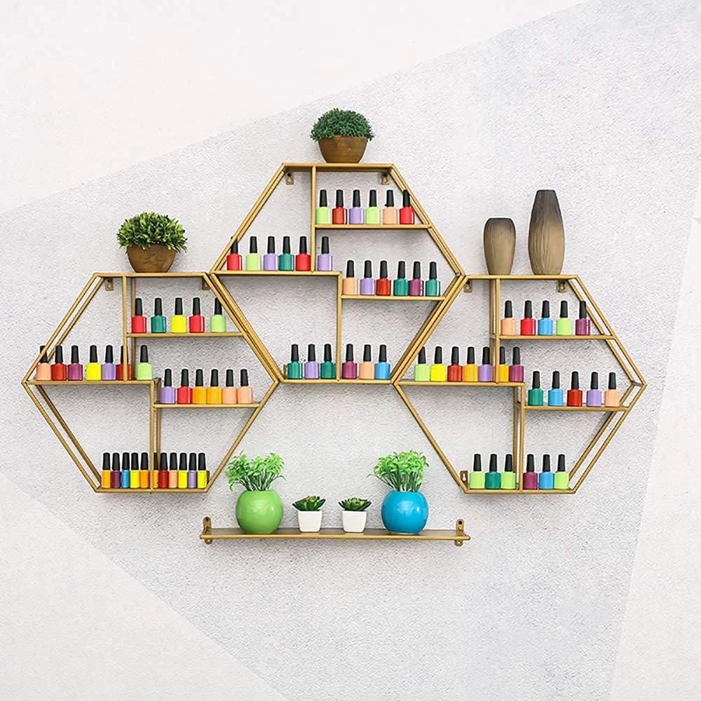 Metal Wall-Mounted Nail Polish Storage Racks Wall-Mounted Nail Polish Storage Rack, Metal Nail Polish Display Rack, Large-Capacity Storage Shelf for Nail Polish/Lipstick/Essential Oil/Perfume (Gold