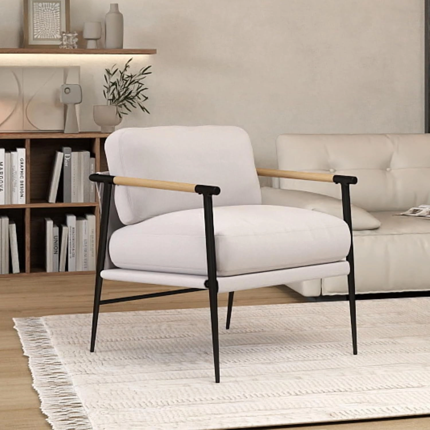 Mid-Century Accent Chair, Soft Armchair Chenille Fabric Lounge Chair with Black Metal Legs, Upholstered Leisure Chair for Living Room Bedroom Reception Room, 1PC, Beige