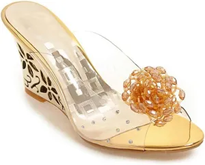 MIOKE Womens Trendy Clear Wedge Slide Sandals Peep Toe Glitter Rhinestone Platform High Heel Dress Sandal