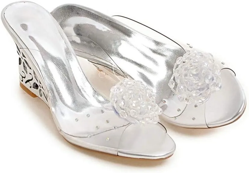 MIOKE Womens Trendy Clear Wedge Slide Sandals Peep Toe Glitter Rhinestone Platform High Heel Dress Sandal