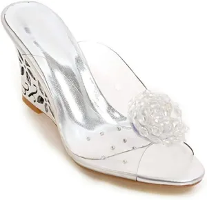 MIOKE Womens Trendy Clear Wedge Slide Sandals Peep Toe Glitter Rhinestone Platform High Heel Dress Sandal