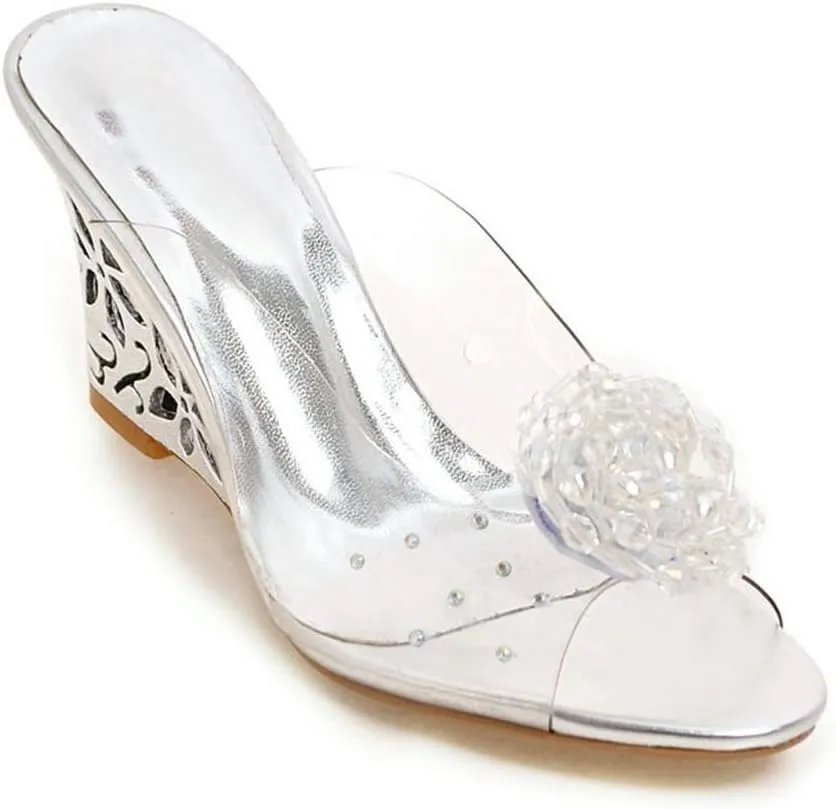 MIOKE Womens Trendy Clear Wedge Slide Sandals Peep Toe Glitter Rhinestone Platform High Heel Dress Sandal