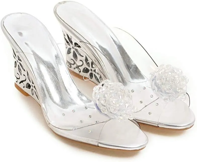 MIOKE Womens Trendy Clear Wedge Slide Sandals Peep Toe Glitter Rhinestone Platform High Heel Dress Sandal